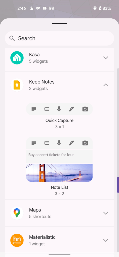 Current Google Keep widgets
