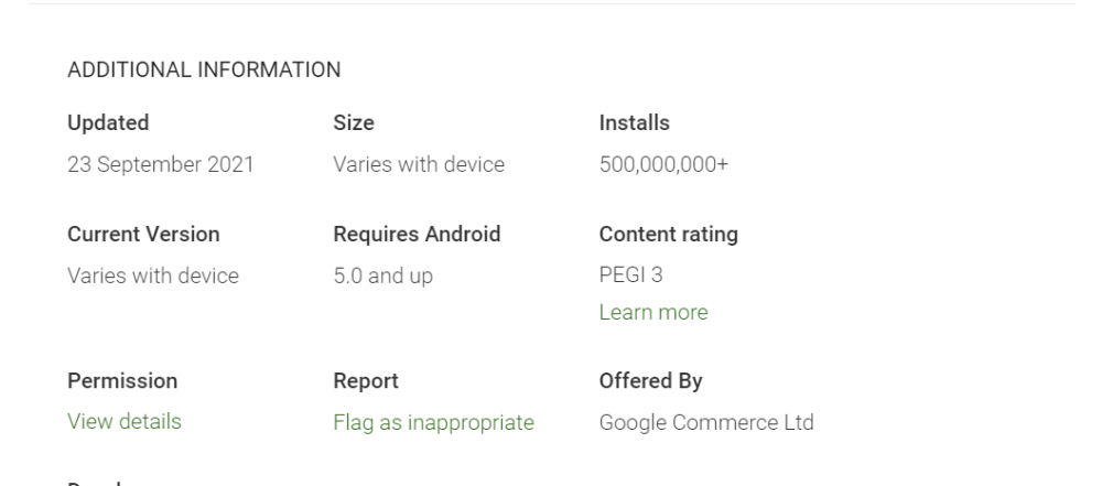 Google Pay listing on the Play Store showing 500 million downloads.