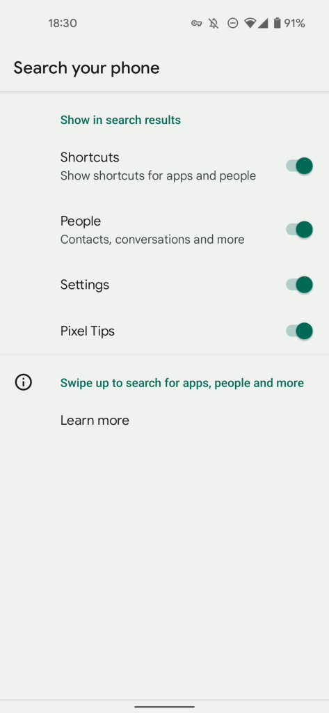 Android 12 Beta 5 "Device search" settings screen