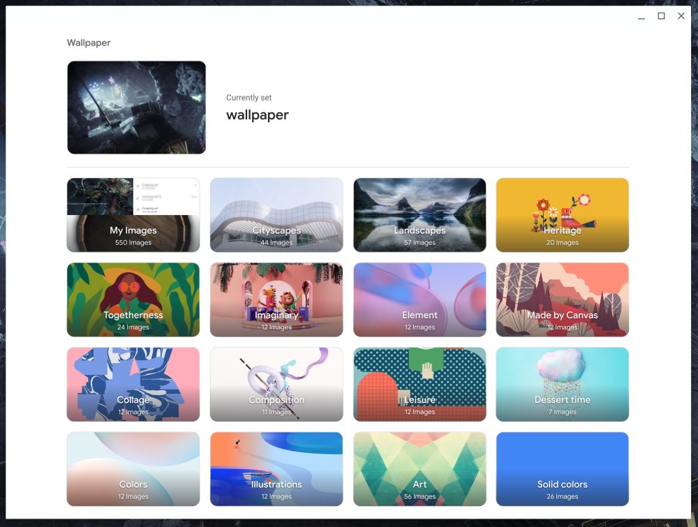 Chrome OS Wallpapers app redesign with tile layout