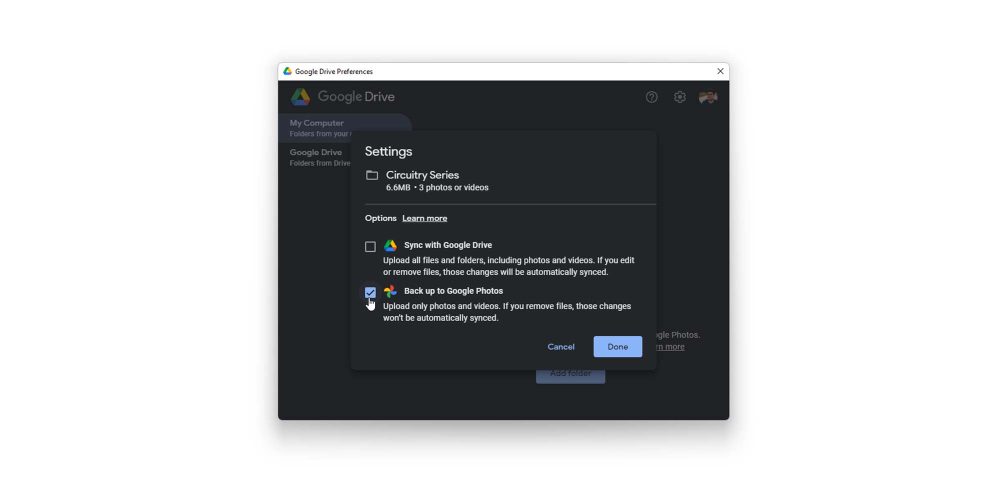 google photos backup page open on google drive for desktop