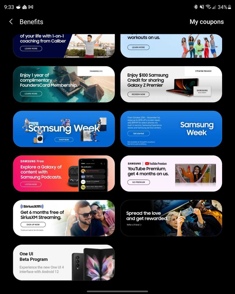 Samsung Members app showing benefits tab