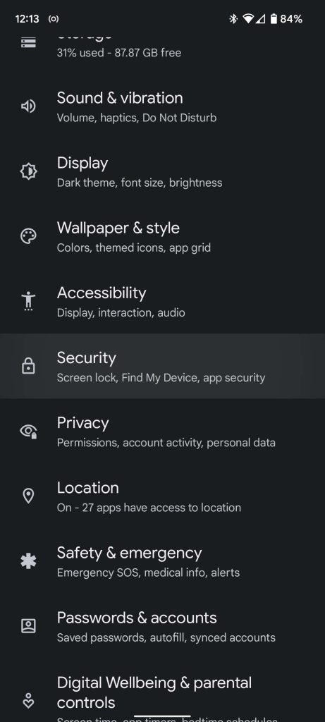 security settings open on android