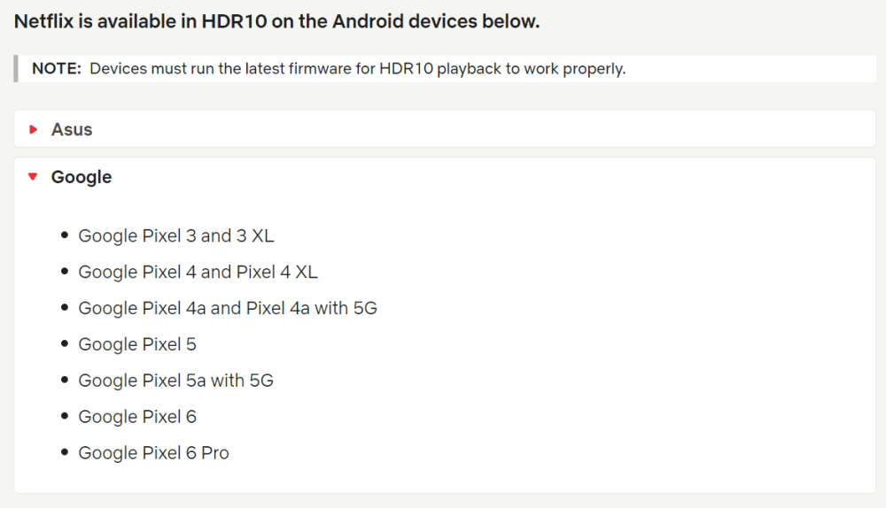 Netflix support page with HDR10 devices including Google Pixel 5a with 5G, Pixel 6 and Pixel 6 Pro.