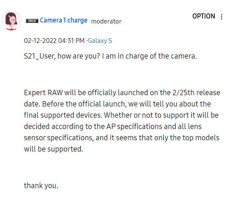 Samsung forum post confirming that the Expert RAW app is set to be made available to more Galaxy devices from February 25, 2022.
