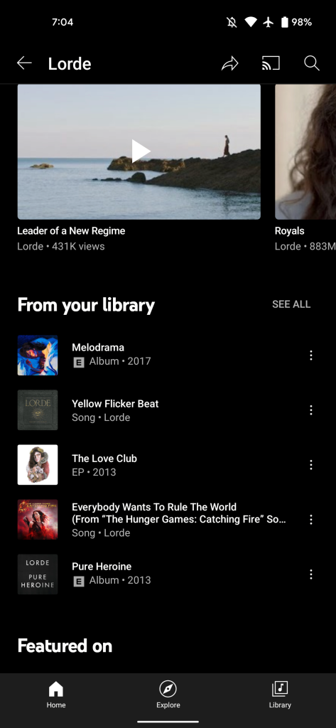 Музыка YouTube Из вашей библиотеки