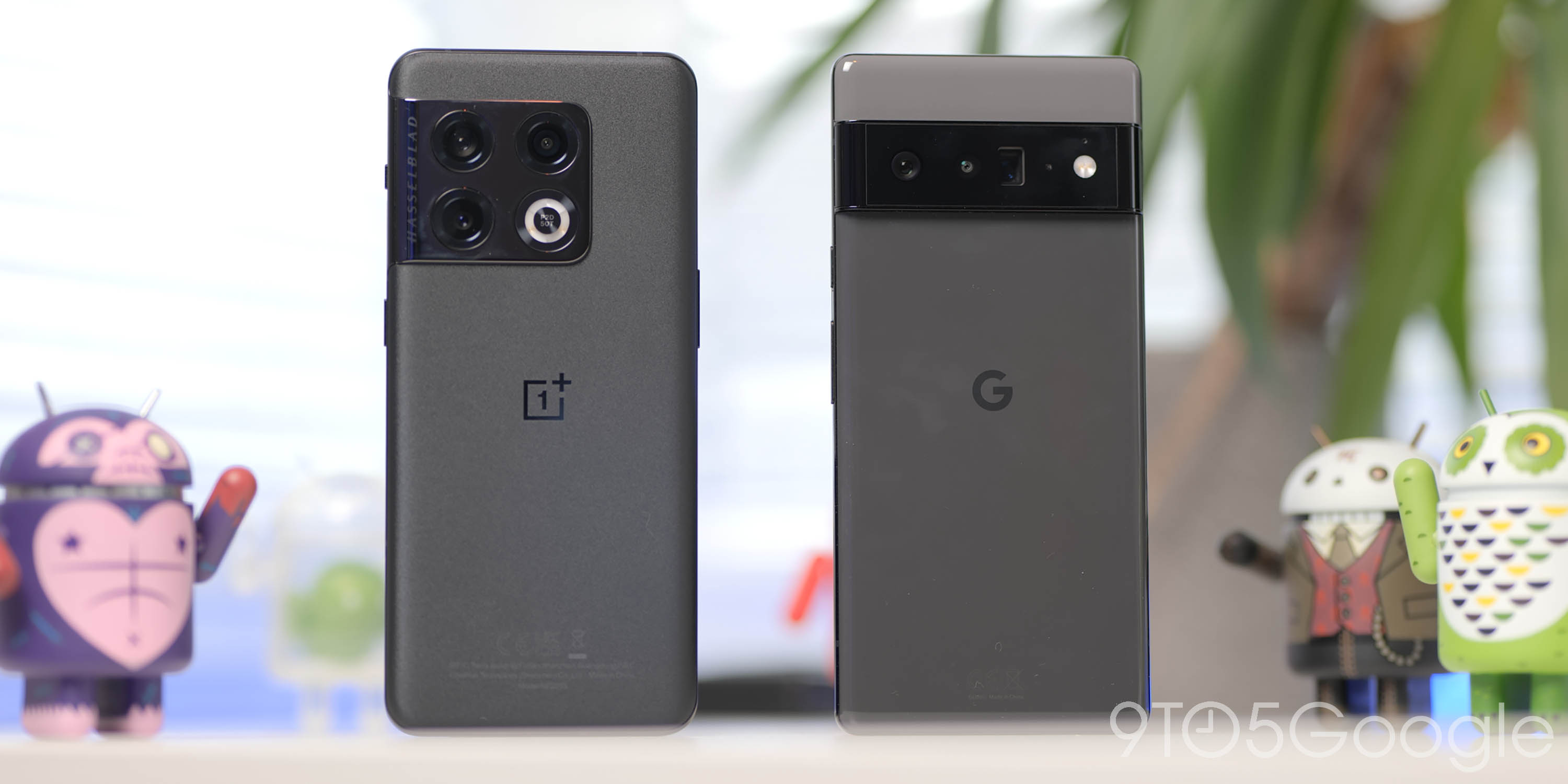 The OnePlus 10 Pro in Volcanic Black alongside the Pixel 6 Pro in Stormy Black
