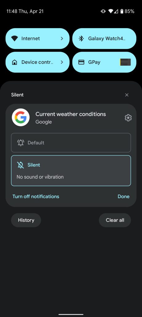 Notification bay current weather manage notification