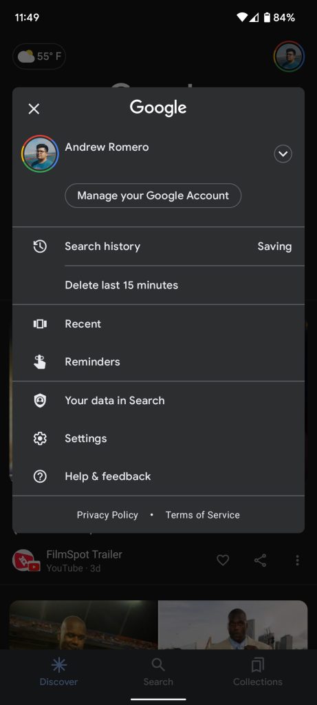 Google App notification settings