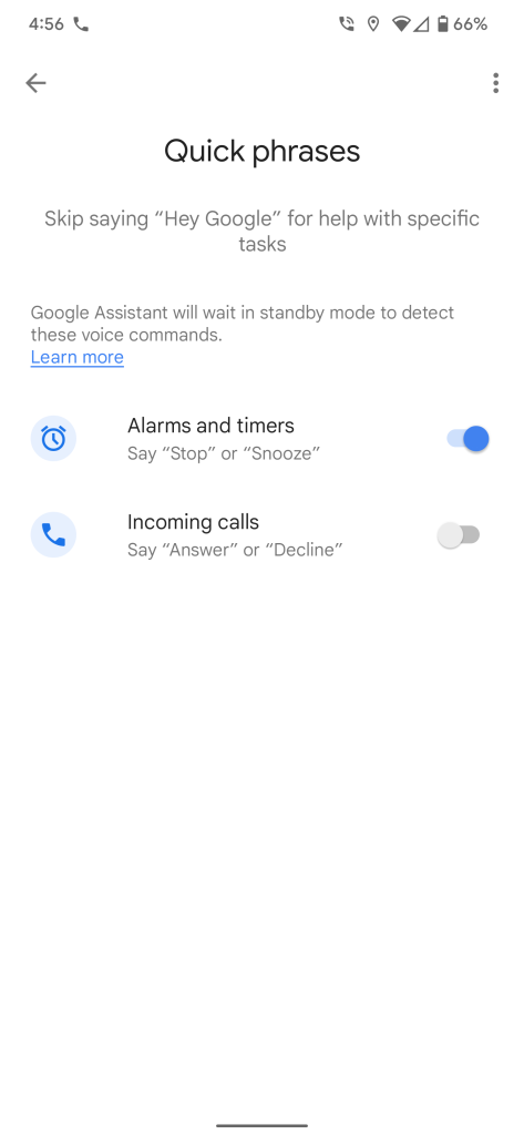 Google Assistant Quick phrases settings