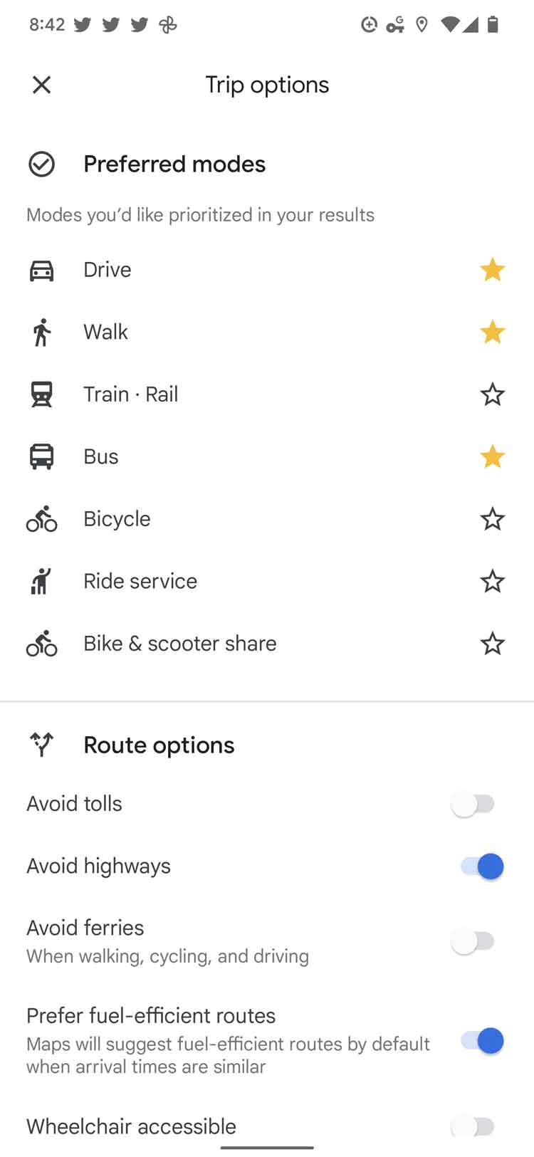 google maps transport method favorites
