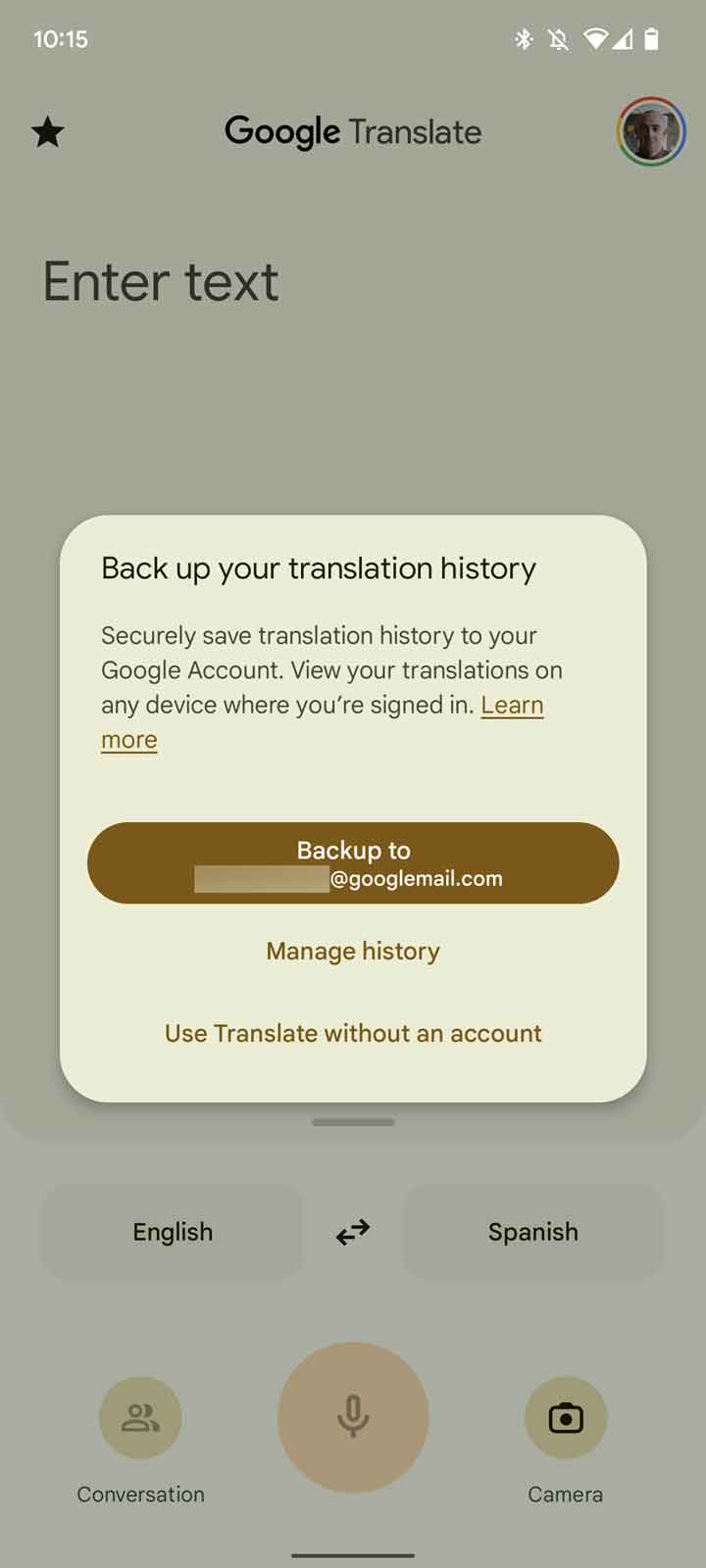 Google Translate Search history prompt