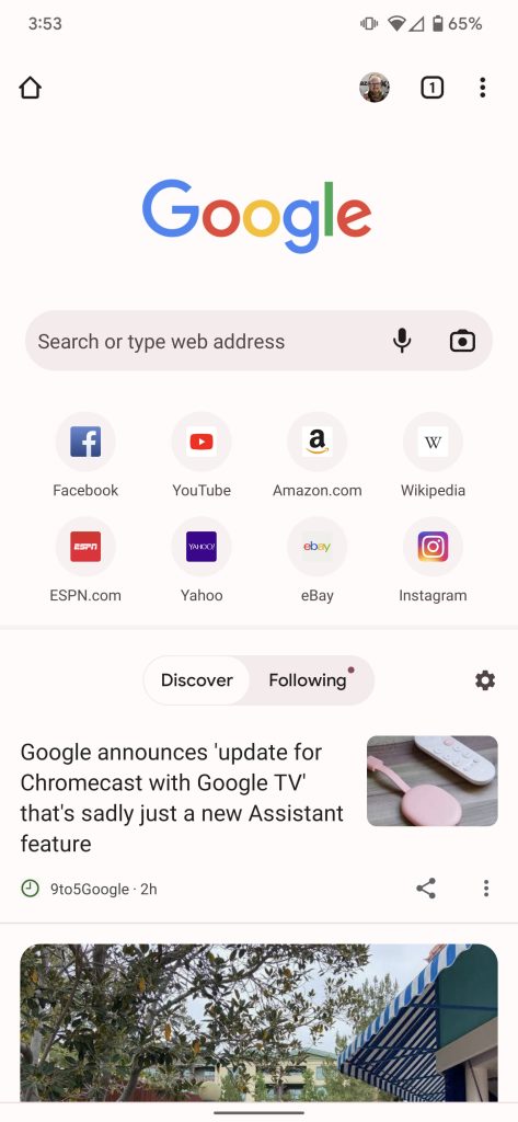 Chrome for Android New Tab Page with Discover feed