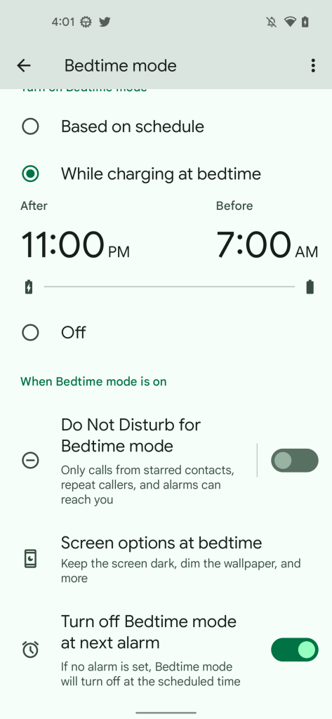 New Digital Wellbeing App "Screen options at bedtime"