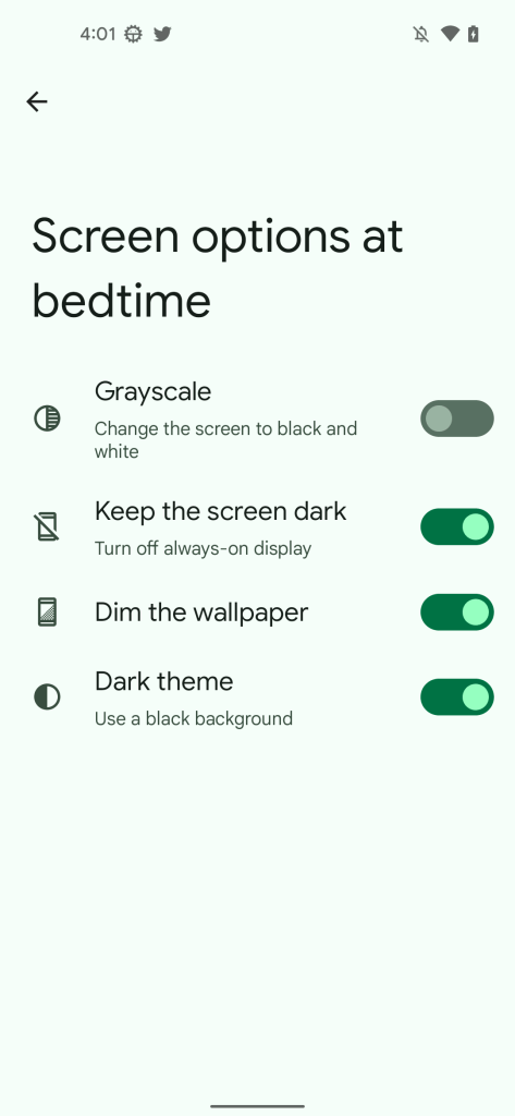 New "Screen options at bedtime" page for Digital Wellbeing