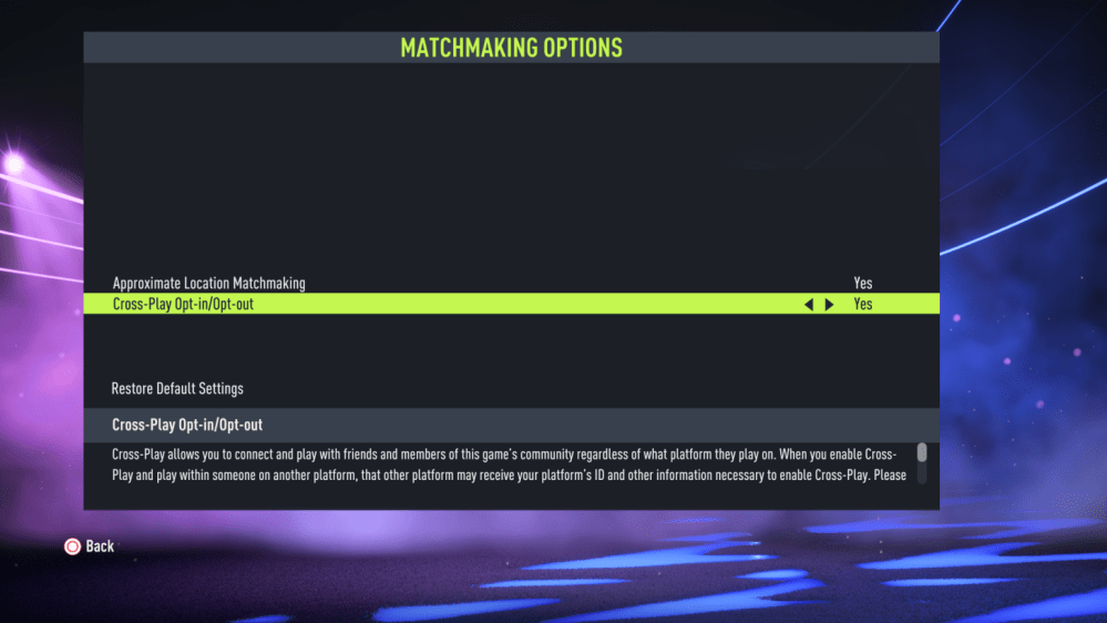 FIFA 22 cross-play matchmaking options