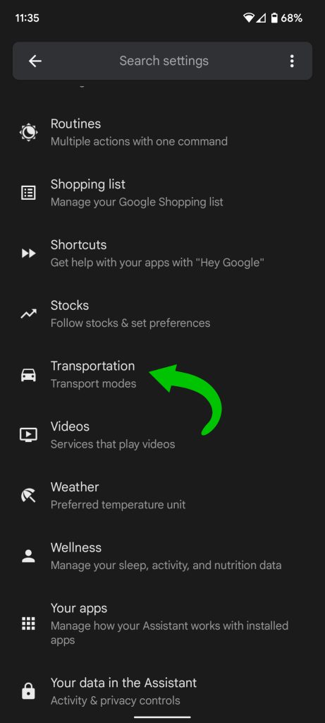 Transportation settings Google Assistant