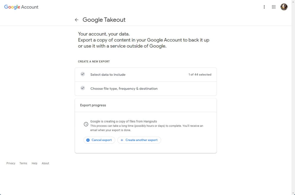 Google Takeout creating file