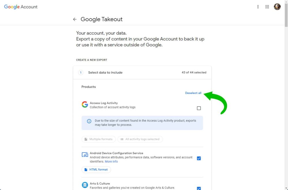 Google Takeout deselect all