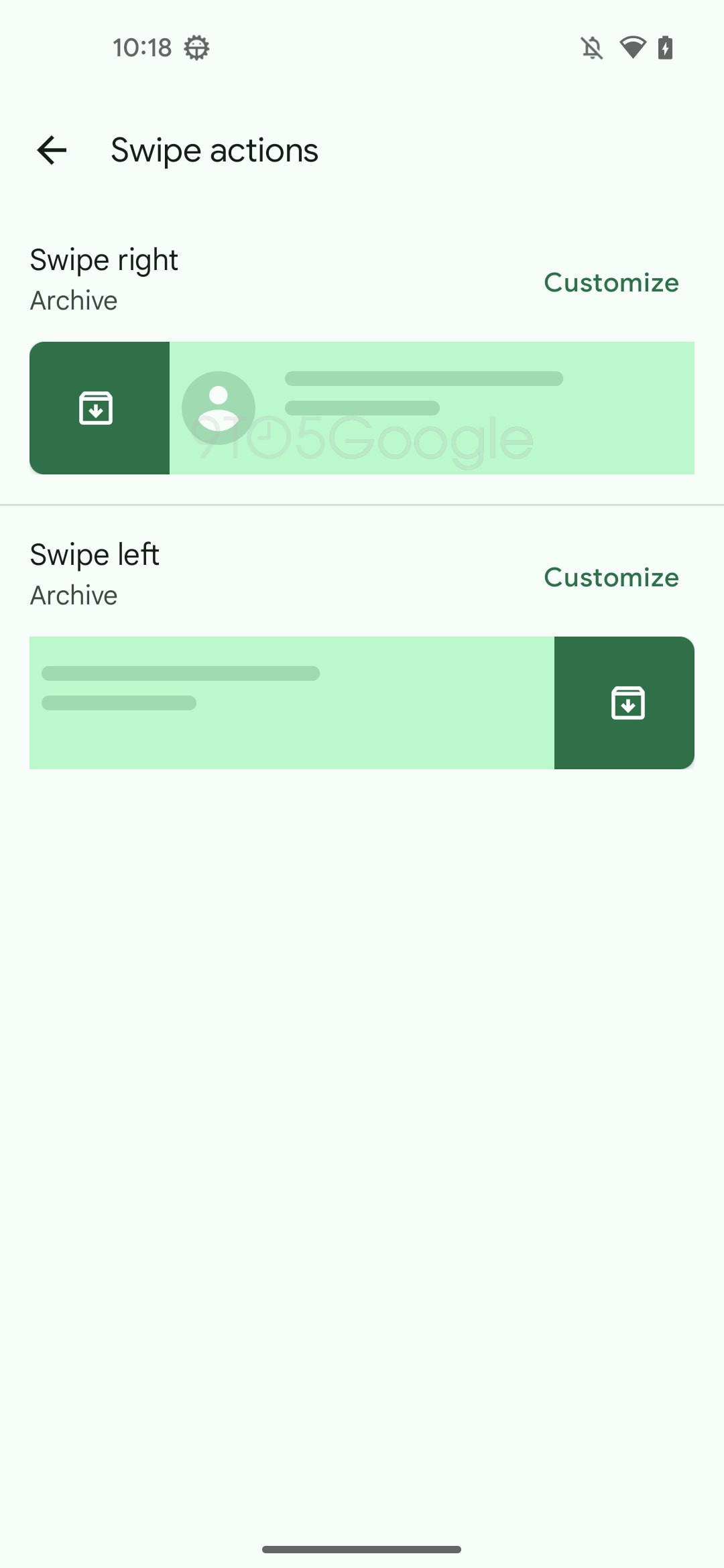 Google Messages menu for customizing "Swipe Actions"