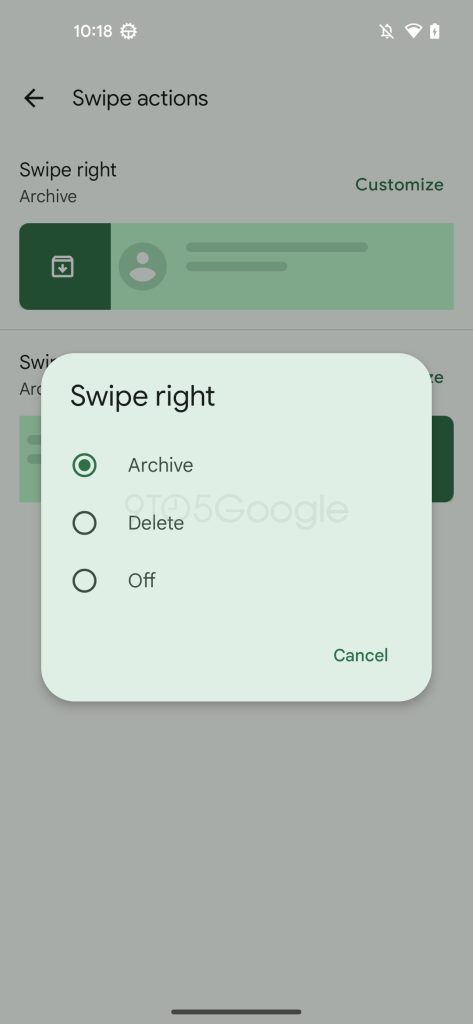 Google Messages dialog to change "Swipe right" action to "Archive" "Delete" or "Off"