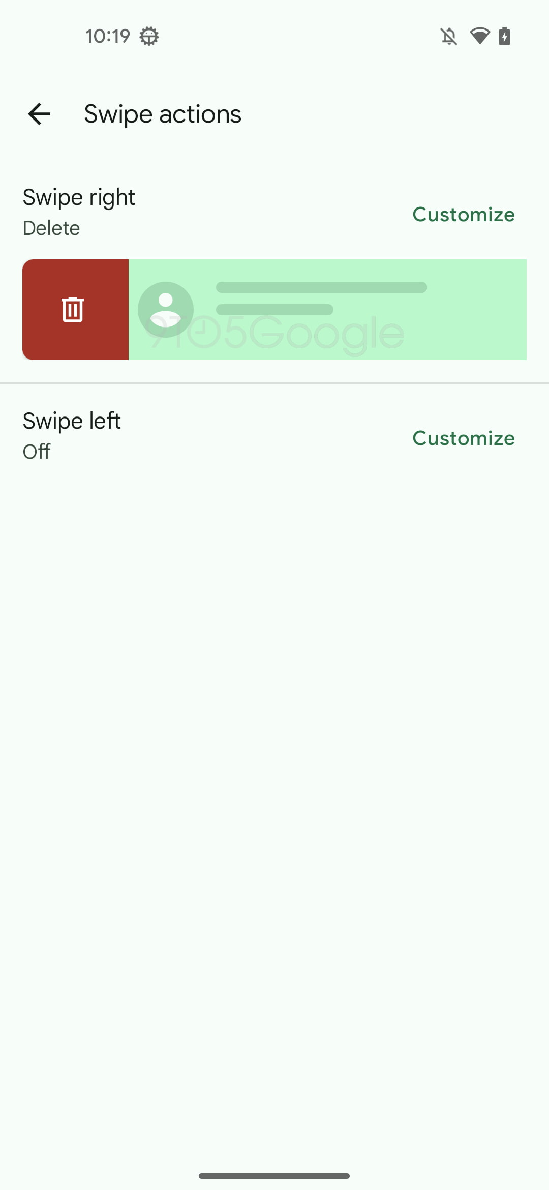 Google Messages "Swipe actions" menu with "Swipe right" set to Delete and "Swipe left" set to Off