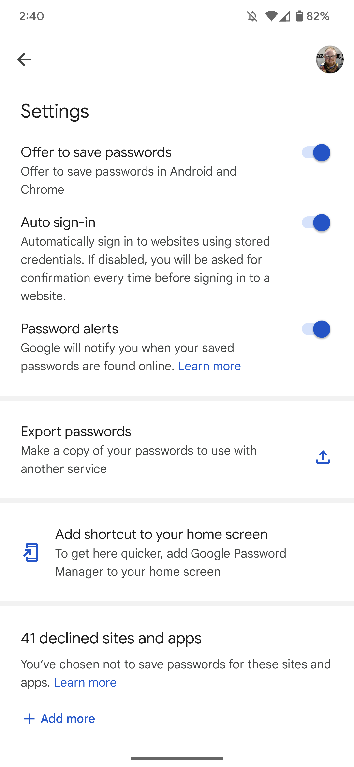 Google Password Manager settings with "Add shortcut to your home screen" option.