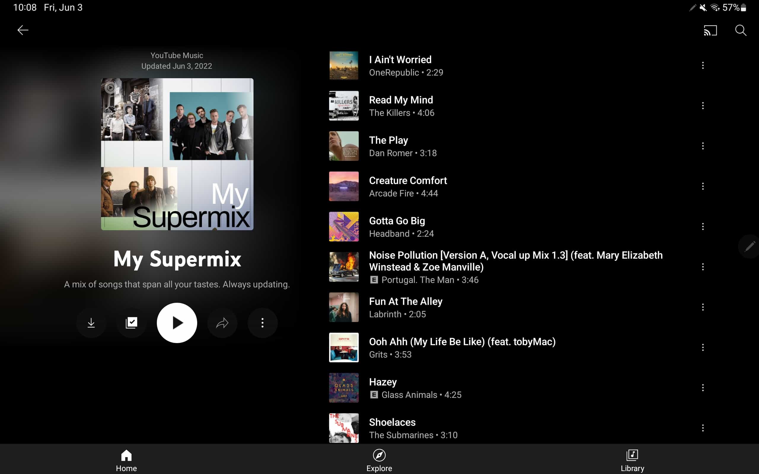 YouTube Music tablet playlist