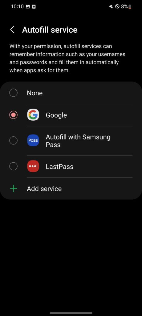 سرویس تکمیل خودکار Android را انتخاب کنید