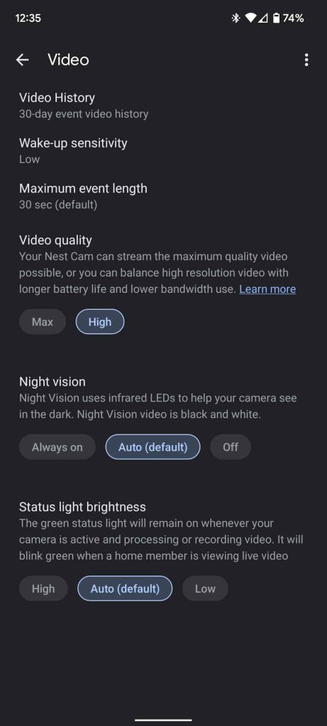 Nest Doorbell video settings