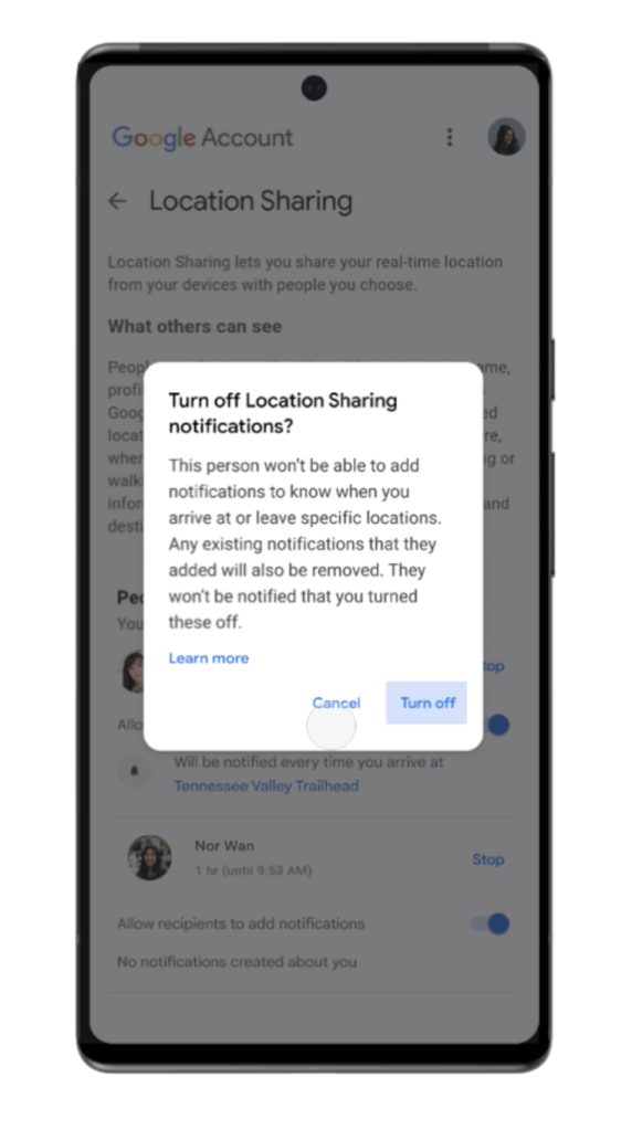 Google Maps location sharing notifications