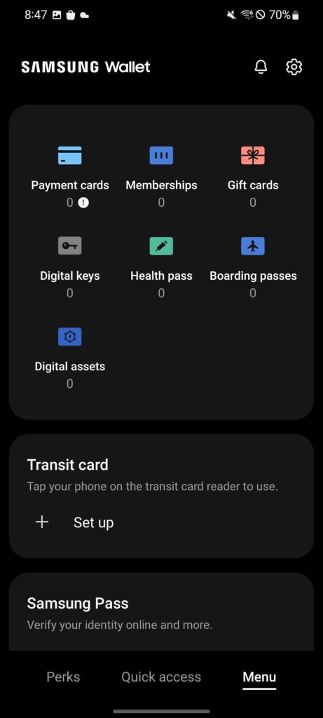 Samsung Wallet card page