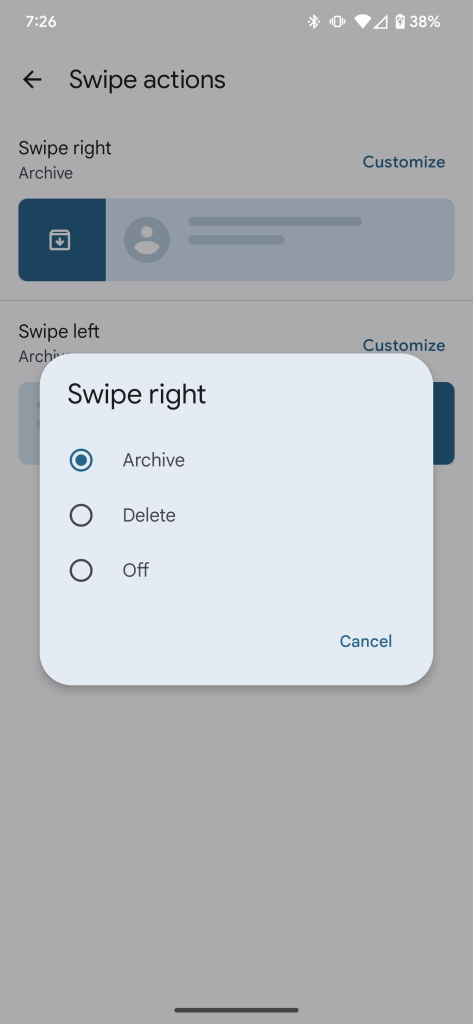 "Swipe right" options in Google Messages: Archive, Delete, and Off