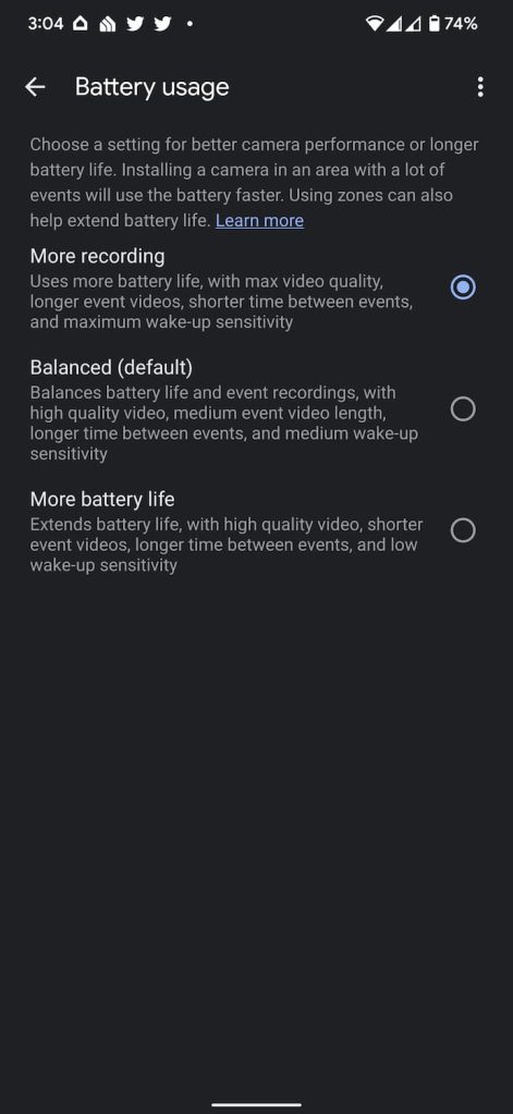 nest cam battery usage settings