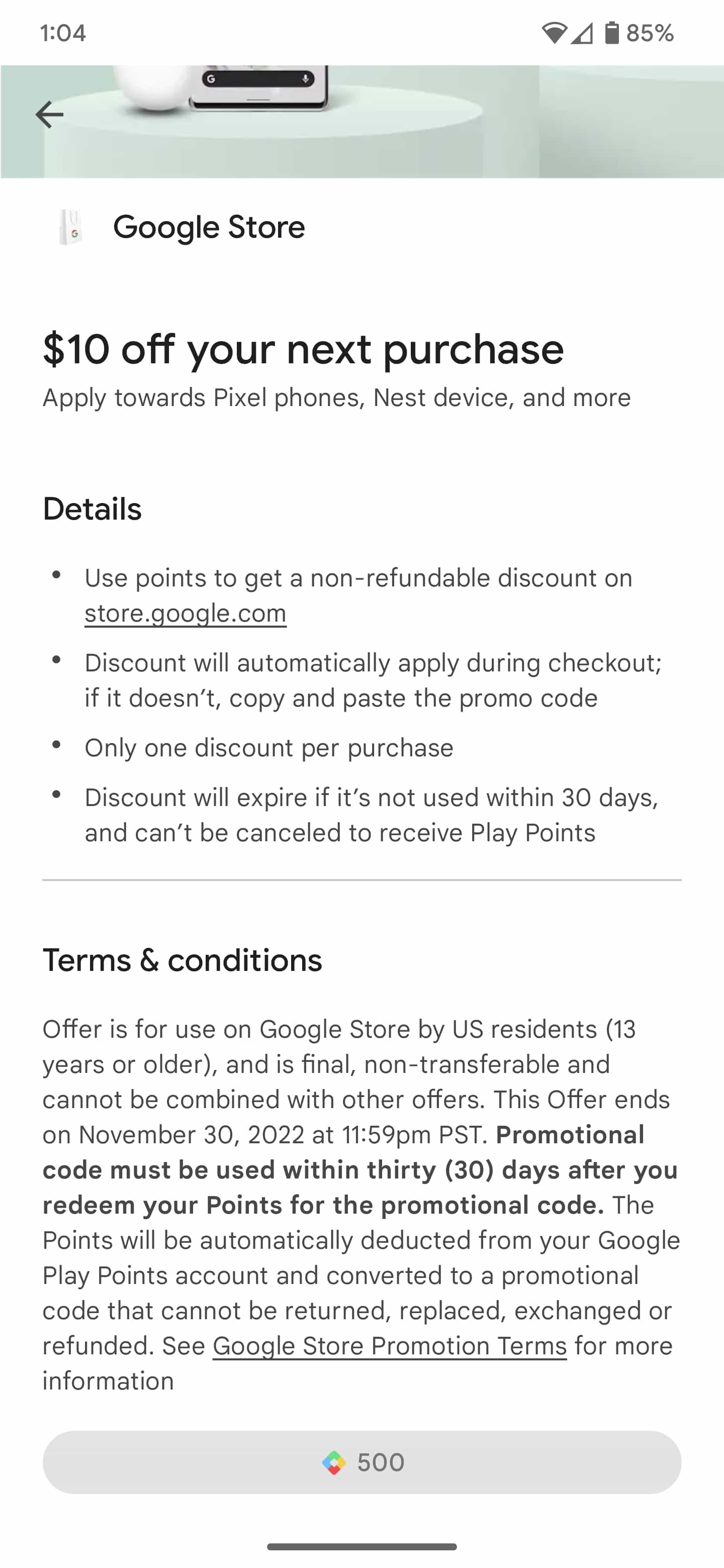 Offer details for redeeming 500 Play Points for $10 in Google Store discount