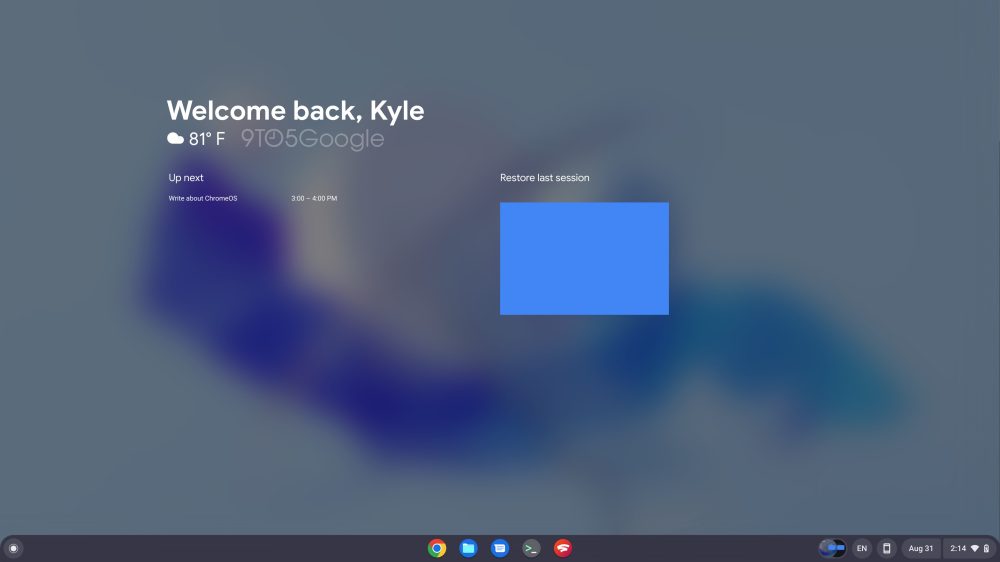 ChromeOS Welcome screen with "Up next" spirit "Restore last session" widgets