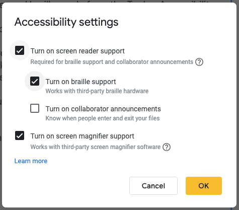 google slides docs sheets accessibility settings