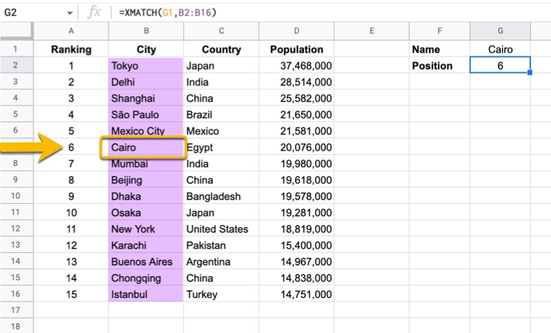 google sheets xmatch