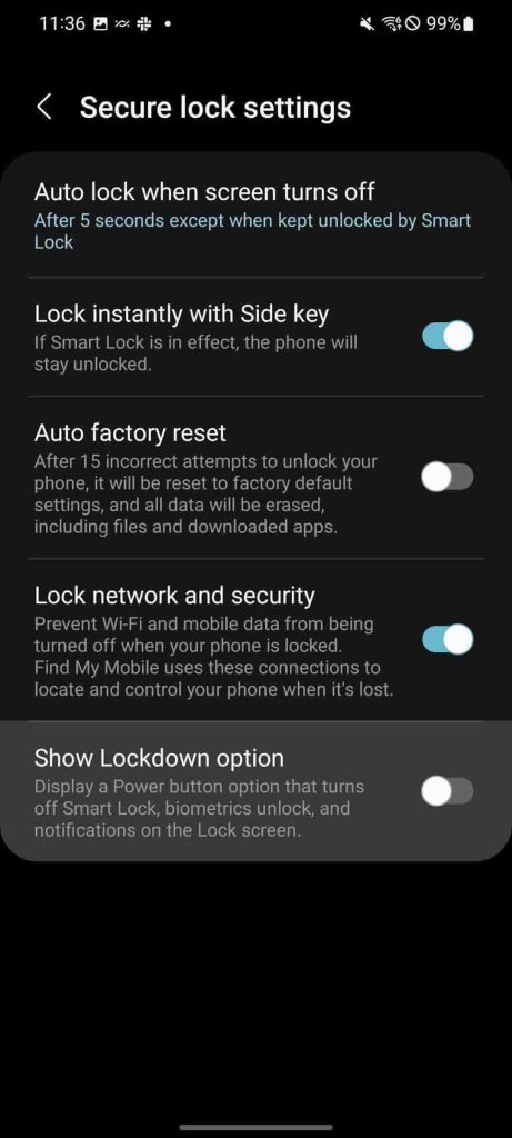 Show lock mode Samsung