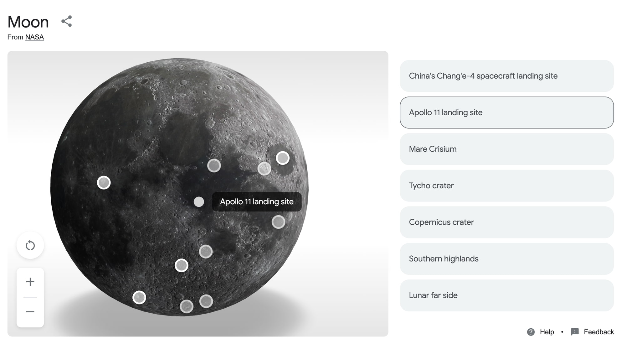 Annotations on 3D model of the Moon
