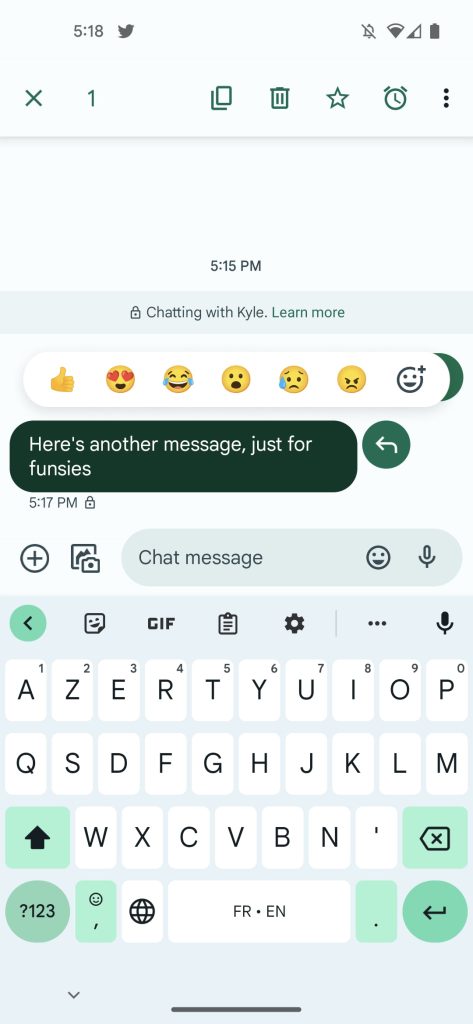Google Messages app showing an "Add emoji" button in the reactions popup