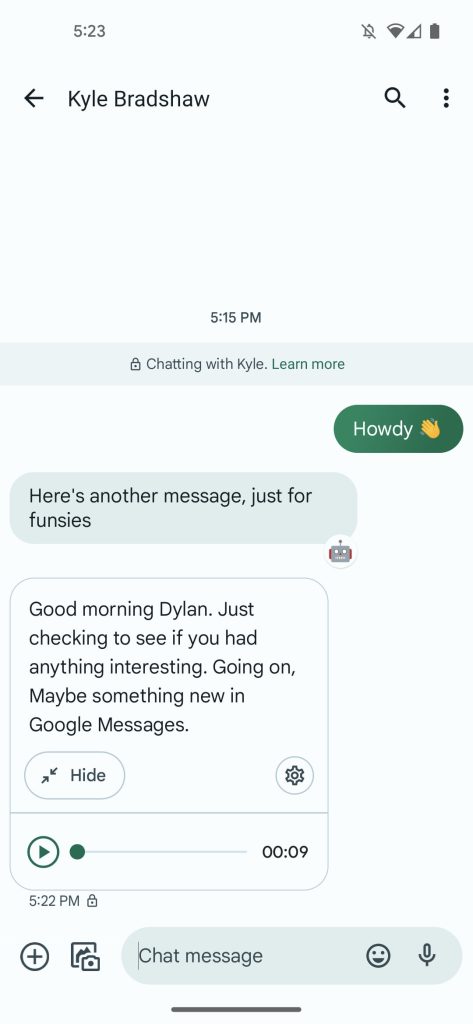 Google Messages app showing a transcript of an incoming voice message.