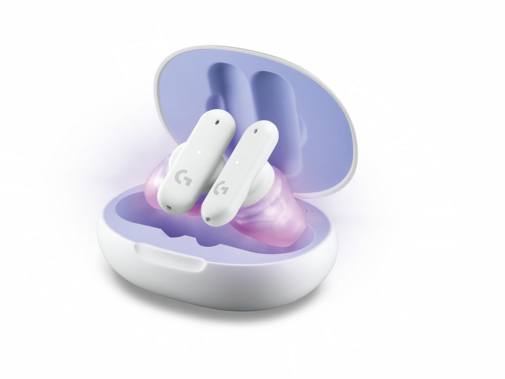 Logitech G Fits earbuds in white, with a white and purple case