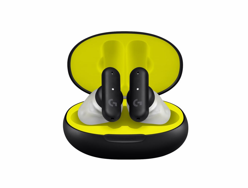 Logitech G Fits earbuds in black, with a black and yellow case