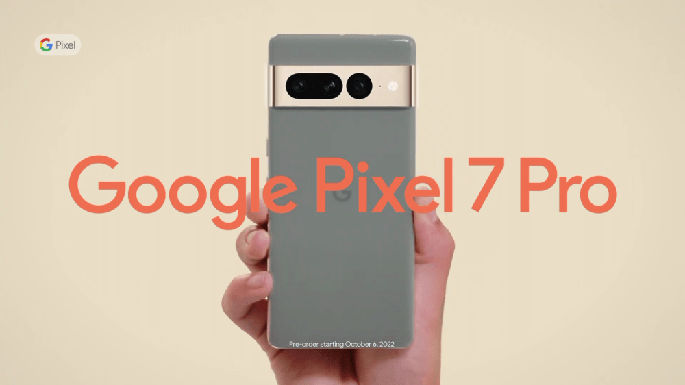 Google Pixel 7 Pro in Hazel, with a notice of "Pre-order starting October 6, 2022"