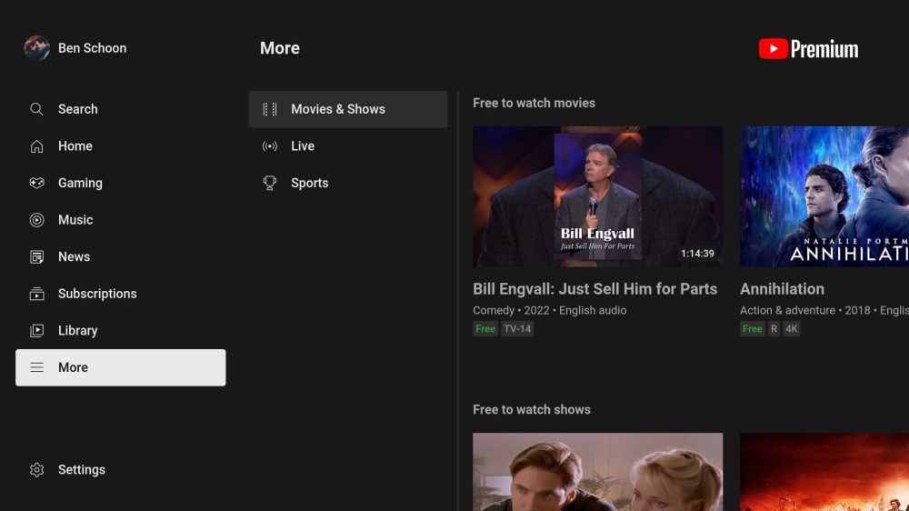 YouTube modifica la barra lateral en la sección ‘Más’ de su aplicación de TV