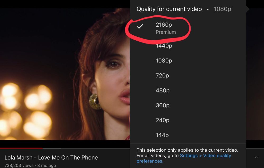YouTube video resolution selector on Desktop showing "Premium" next to 2160p/4K