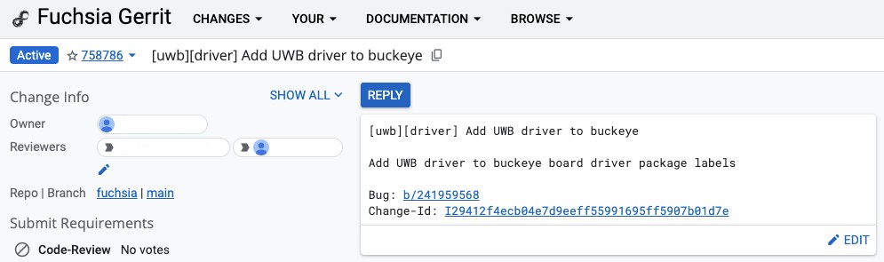 Screenshot of a Fuchsia code change showing that UWB support is being added to a likely Nest speaker codenamed "Buckeye"