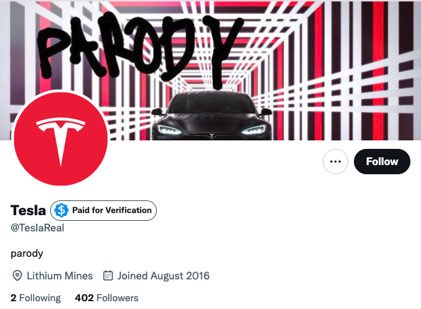 Parody Tesla Twitter profile page showing "Paid for Verification" from a Chrome extension