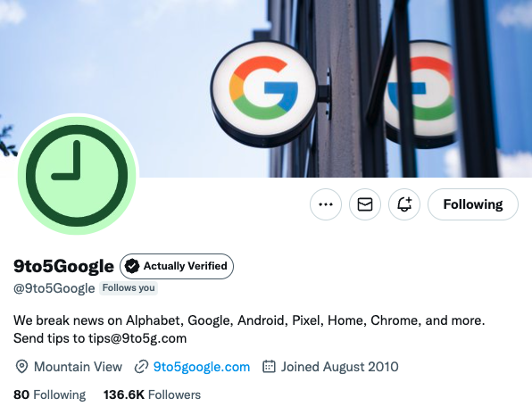 @9to5Google Twitter profile page showing "Actually Verified" from a Chrome extension